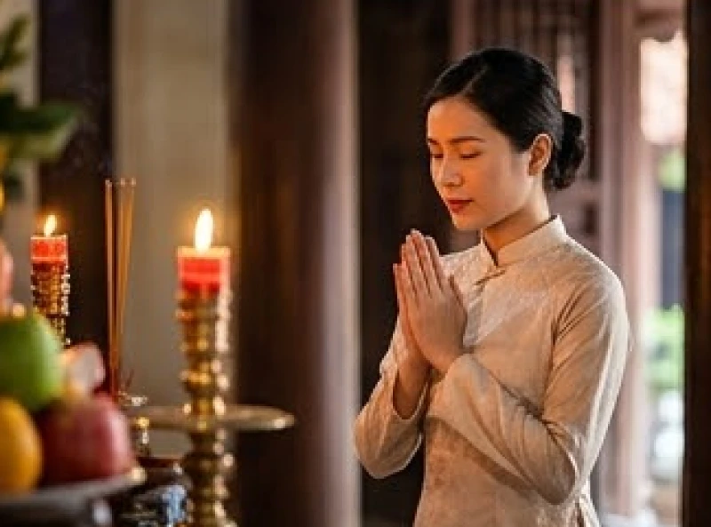 Văn khấn Đền Đông Cuông: Trình tự dâng lễ và bài cúng từng ban 10 Cảnh một người nhắm mắt chắp tay, thành kính nhẩm đọc lời tấu trình trước án thờ trang nghiêm