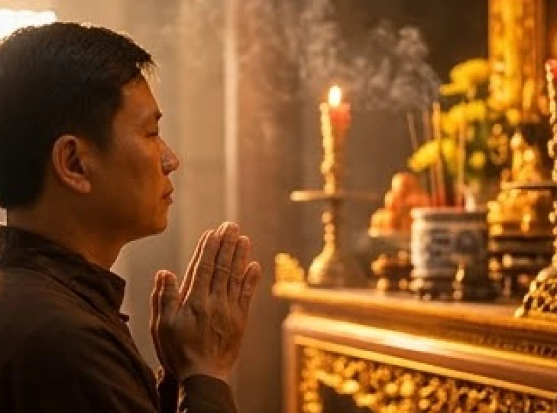 Tín chủ chắp tay thành kính đọc bài văn khấn cầu công danh trước ban thờ uy nghi ngập tràn ánh sáng