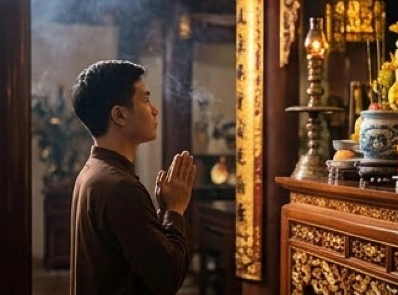 Người đi lễ thành tâm chắp tay nhẩm đọc văn khấn trước ban thờ uy nghi mạ vàng