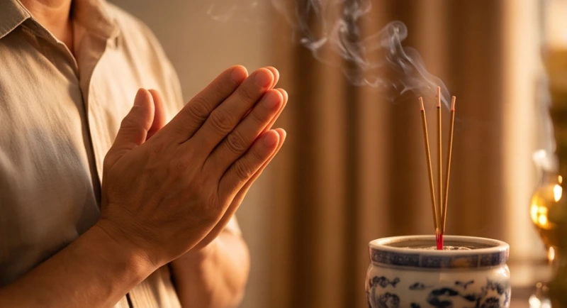 Tư thế chắp tay ngang ngực và ánh mắt tôn kính hướng thẳng về bát hương khi đọc văn khấn gia tiên