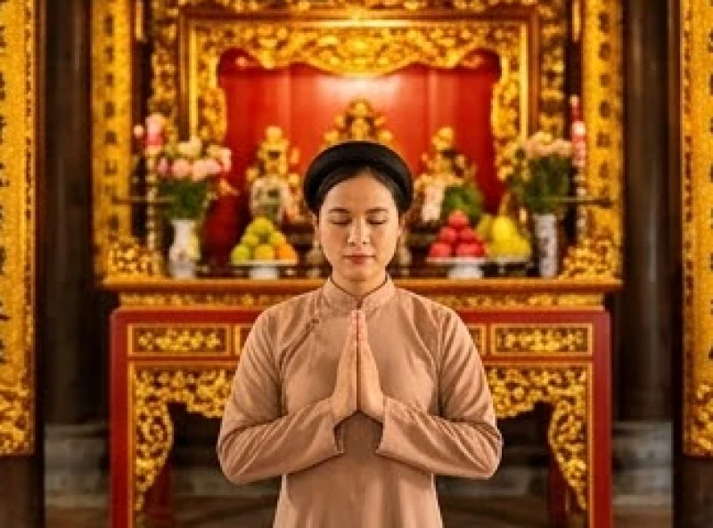 Tín chủ chắp tay hình búp sen kính cẩn đọc văn khấn trước chính điện Cung Mẫu