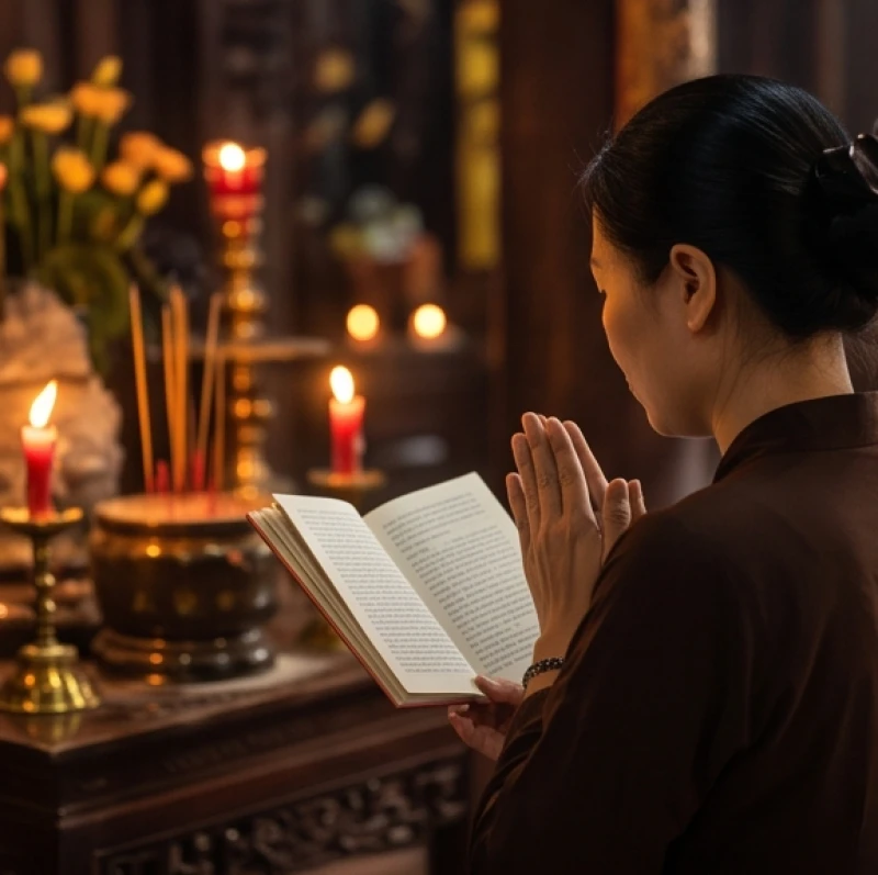 Tín chủ chắp tay thành kính đọc lầm rầm bài văn khấn Mẫu Thượng Ngàn cầu bình an