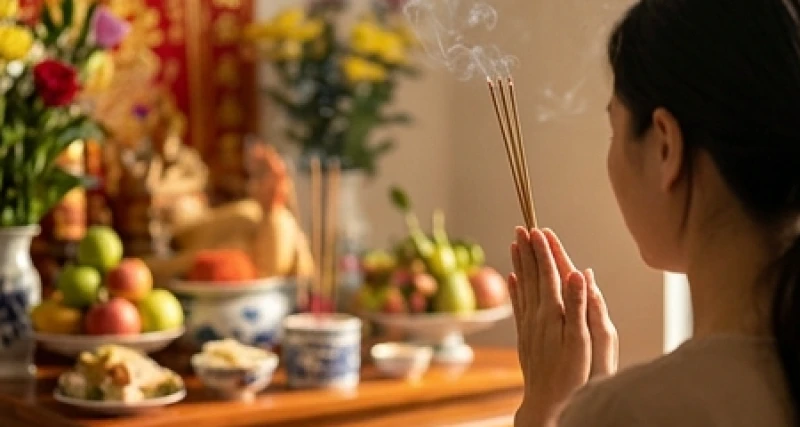 Văn khấn Thổ Công mùng 2 Tết: Bài cúng chuẩn và cách sắm lễ 8 Người gia chủ chắp tay thành kính trước ban thờ để chuẩn bị đọc văn khấn Thổ Công mùng 2 Tết