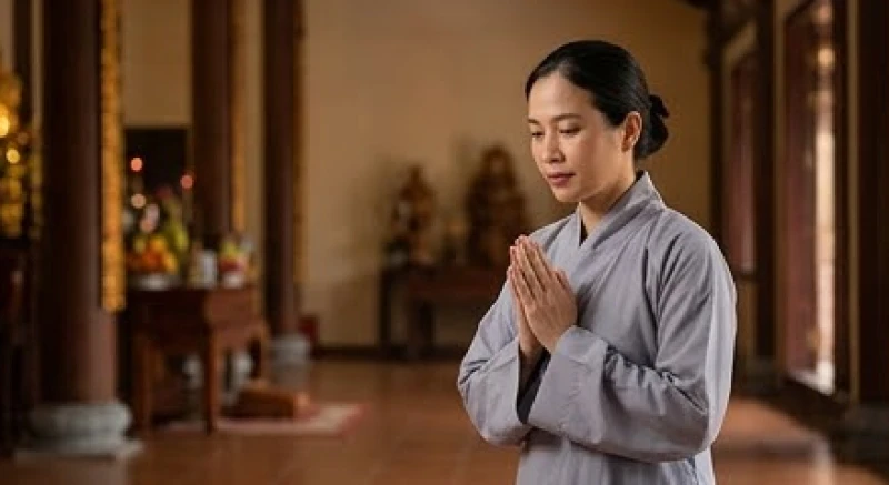 Một nữ Phật tử mặc áo tràng lam thành tâm chắp tay đứng bái lễ và đọc nhẩm những lời cầu nguyện bình an