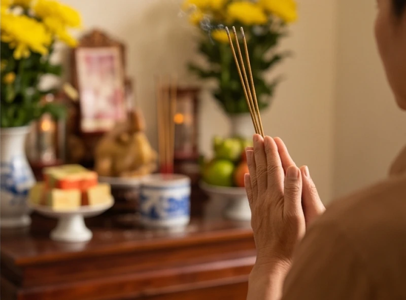 Người chủ lễ chắp tay trang nghiêm trước ngực, mắt hướng về bàn thờ khi đọc lời thưa trình tổ tiên