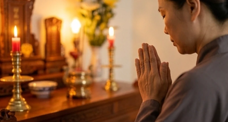 Văn khấn thần linh rằm tháng 7: bài cúng chuẩn tại nhà, cửa hàng 2 Một người mặc trang phục lịch sự đang chắp tay thành kính đọc bài khấn trước ban thờ rực sáng ánh nến