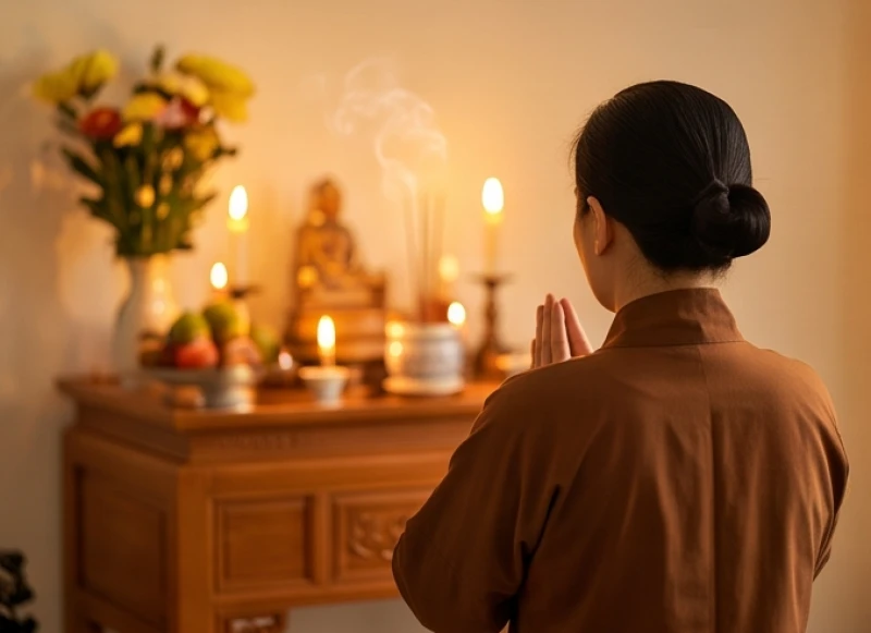 Gia chủ ăn mặc lịch sự đang đứng chắp tay trang nghiêm trước án hương đỏ rực ánh đèn