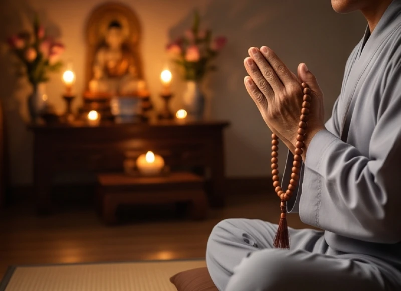 Văn khấn Địa Tạng tại nhà: Bài cúng cầu an, cầu siêu đúng lễ 9 Phật tử quỳ gối chắp tay trang nghiêm nhắm mắt tĩnh tâm đọc lời hồi hướng sau khi tụng kinh xong
