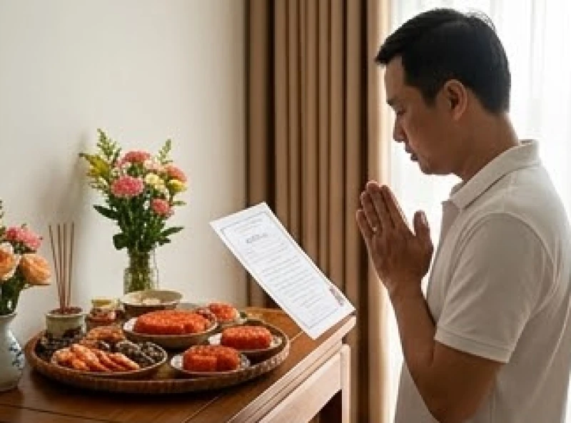 Người cha chắp tay thành tâm đọc văn khấn cúng Mụ trước bàn lễ