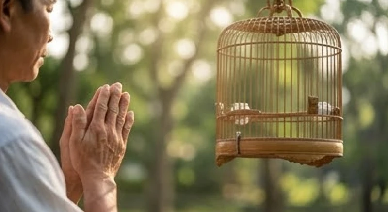 Văn khấn thả chim phóng sinh: Bài cúng chuẩn và cách thả an toàn 2 Người làm lễ chắp tay trang nghiêm giữ ánh nhìn tôn kính về phía lồng chim khi đọc lời nguyện