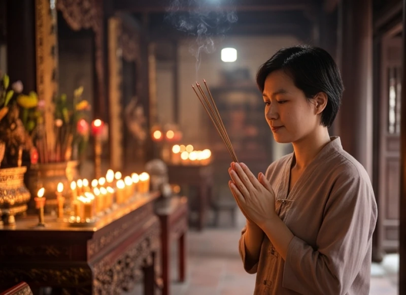 Văn khấn cầu con tại chùa: Bài khấn chuẩn, lễ vật và văn tạ lễ 2 Tín chủ chắp tay thành kính đọc bài văn khấn cầu con tại chùa trong không gian thanh tịnh tĩnh lặng