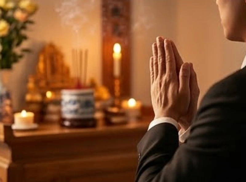 Gia chủ chắp tay ngang ngực, hướng ánh mắt thành kính về phía bát hương khi kết thúc bài văn khấn ngắn gọn