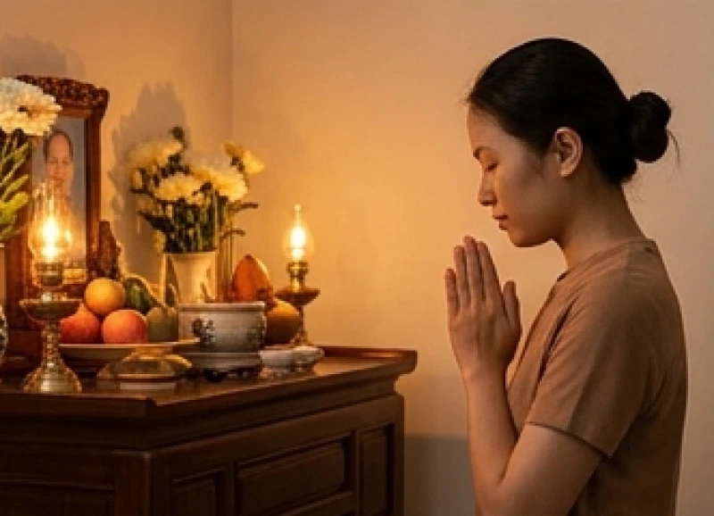 Gia chủ chắp tay thành kính đứng khấn vái trước bàn thờ để xin tạ lỗi do vô ý làm xê dịch lô nhang