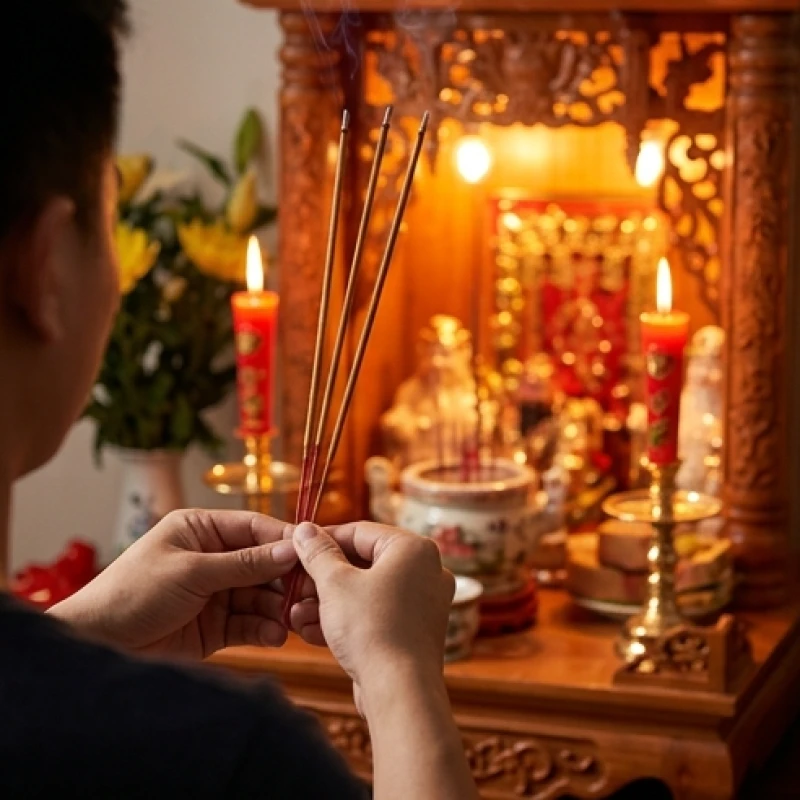 Cách bài trí bàn thờ Thần Tài cho tuổi Dần: chuẩn sơ đồ 5 mệnh 14 Gia chủ thành tâm chắp tay thắp nhang và đọc văn khấn Thần Tài trước bàn thờ mỗi sáng