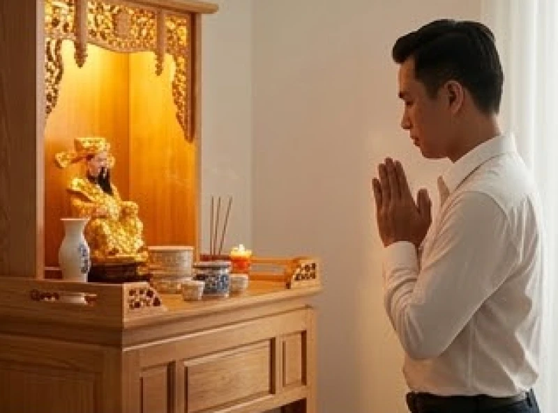 Văn khấn Thần Tài mùng 1: Mâm lễ, giờ hoàng đạo và cách đọc chuẩn 3 Người làm kinh doanh chắp tay thành kính với tư thế nghiêm trang khi kết thúc bài khấn