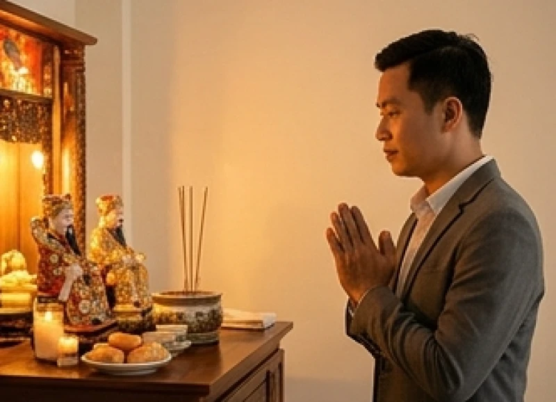 Văn khấn cầu tài lộc tại cửa hàng: Trình tự cúng và mâm lễ chuẩn 7 Người chủ cửa hàng đang chắp tay thành kính đọc bài văn khấn cầu buôn may bán đắt trước bàn thờ Thần Tài