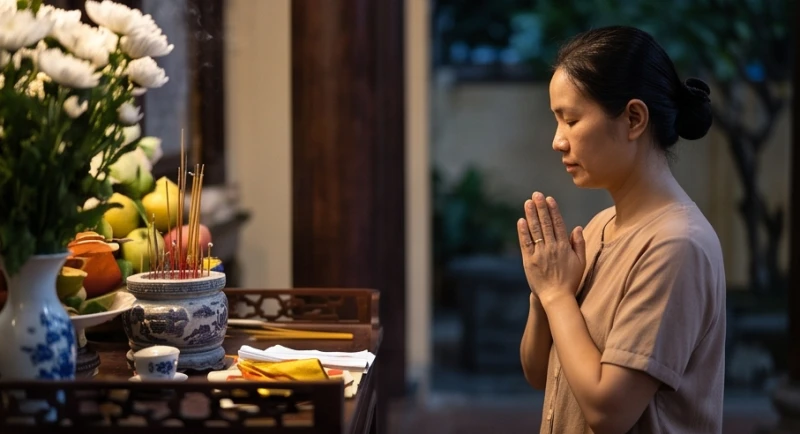Người đi lễ chắp tay nhắm mắt thành tâm đọc bài văn khấn ngày tiệc Cô Sáu trước không gian mộ phần trang nghiêm