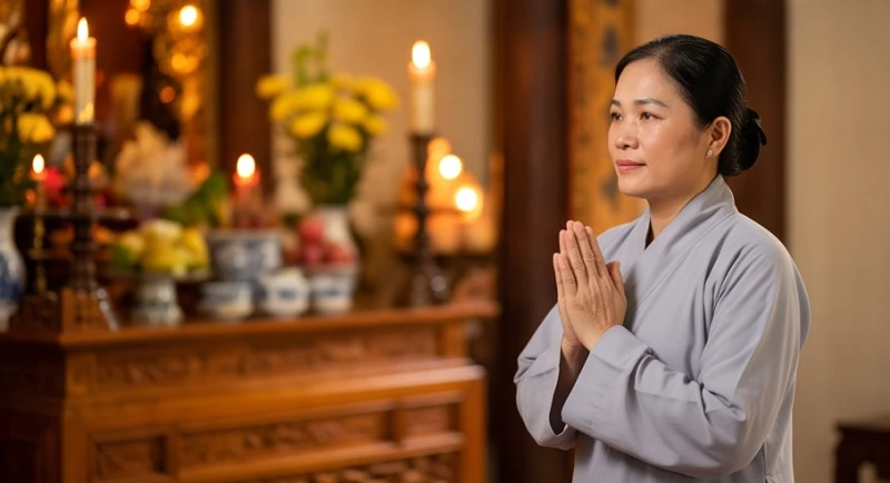 Người phụ nữ mặc pháp phục thành kính chắp tay khấn nguyện trước ban thờ rực sáng