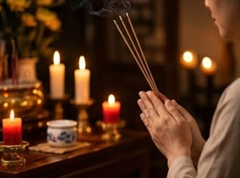 Đôi bàn tay chắp lại thành kính cầm nén hương lung linh trước mâm lễ dâng sao giải hạn trang nghiêm