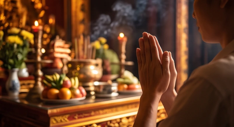 Văn khấn Đền Cô Bơ: Bài cúng chuẩn và thứ tự dâng lễ 5 Tín chủ chắp hai tay hình búp sen ngang ngực, thành tâm khấn bái trước án tọa các vị thần linh.