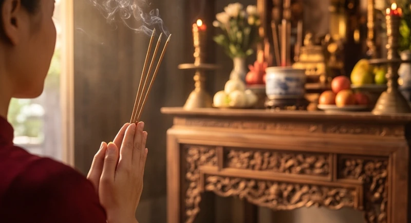 Tín chủ chắp tay nghiêm trang đứng trước ban thờ và thành tâm đọc lời khấn nguyện một cách rõ ràng