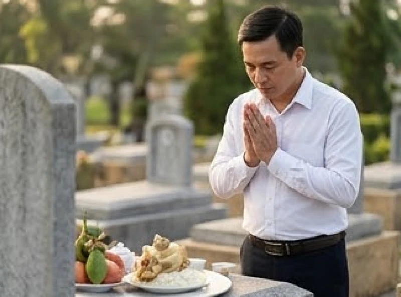 Văn khấn ngoài mộ trước ngày giỗ: Trình tự và bài cúng chuẩn 7 Người đàn ông mặc trang phục lịch sự đứng chắp tay thành kính khấn vái trước mâm lễ dâng tại lăng mộ