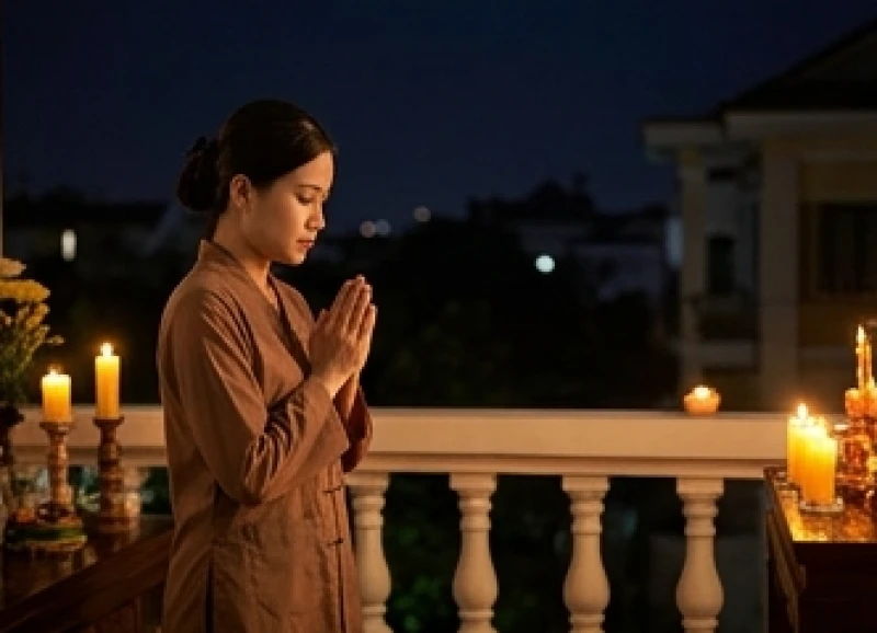 Người mặc áo lam chắp tay khấn vái thành tâm trước hương án ngoài trời