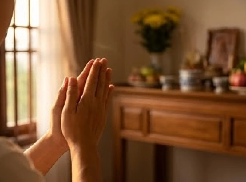 Người hành lễ chắp tay thành tâm khấn nguyện trước ban thờ gia tiên trong ánh sáng ấm áp