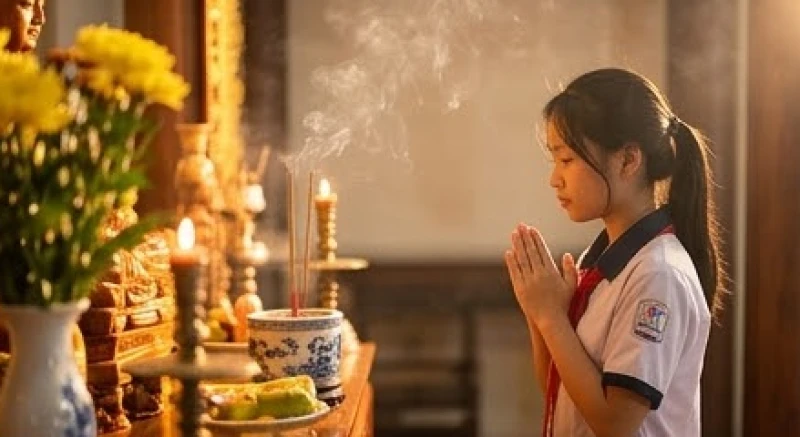 Sĩ tử chắp tay thành tâm đọc văn khấn trước ban thờ chư Phật linh thiêng