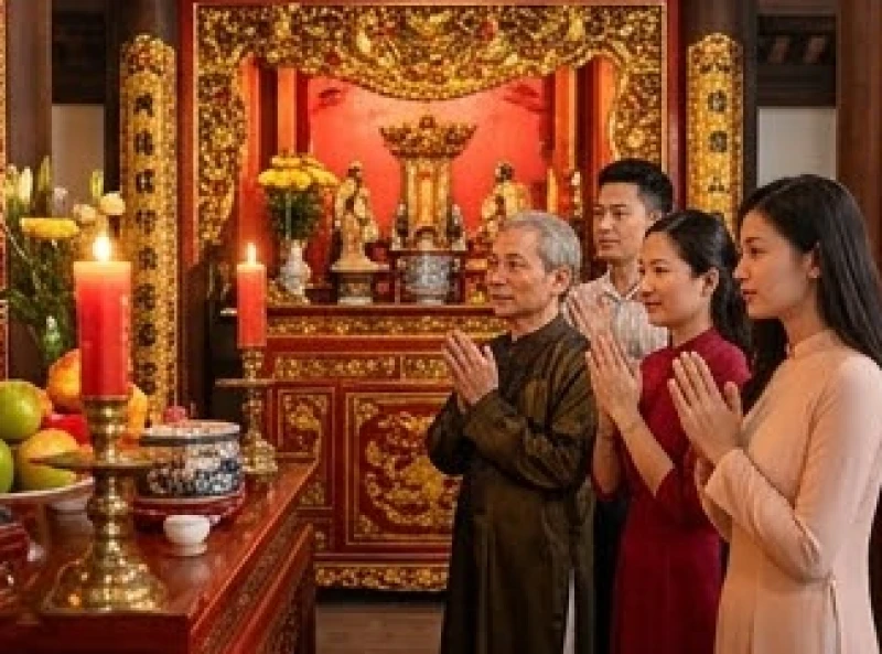 Đoàn người thành kính chắp tay khấn vái trước linh án đền thờ Lạc Long Quân
