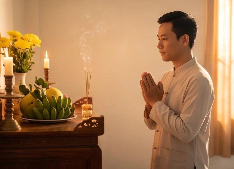 Văn khấn cầu an: Bài khấn chuẩn, cách sắm lễ và chọn ngày giờ 6 Người đàn ông chắp tay trang nghiêm đọc văn khấn cầu an trước ban thờ Thổ Công