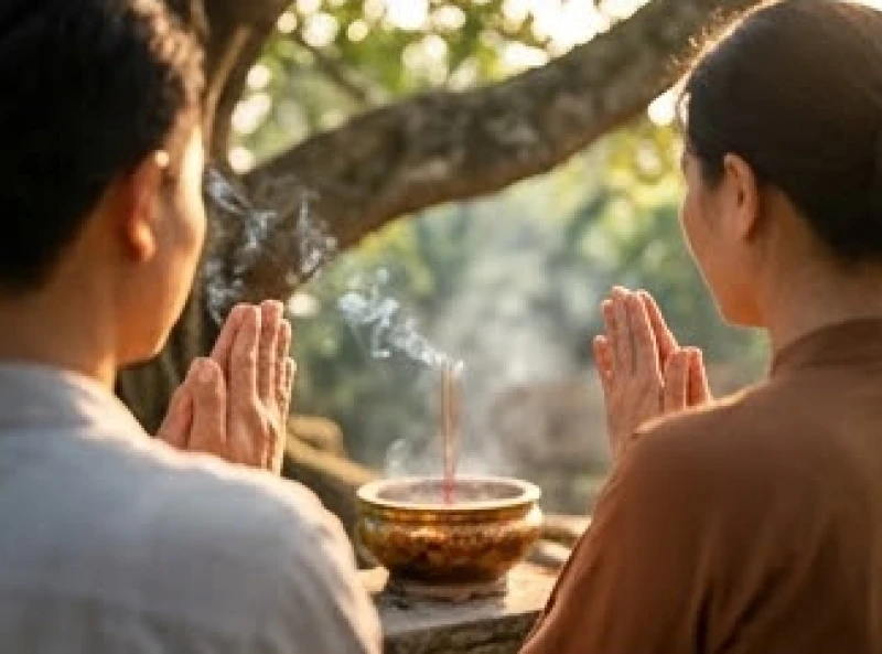 Văn khấn cây đa cổ thụ: Bài cúng chuẩn tâm linh & cách sắm lễ 6 Người đàn ông chắp tay hình búp sen thành tâm đọc văn khấn trước bát hương