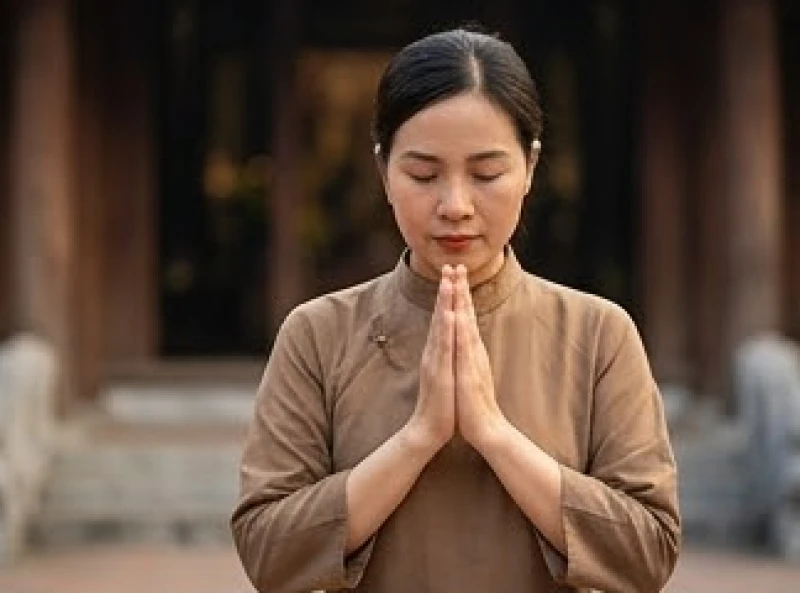 Người đi lễ chắp tay ngang ngực nhắm mắt thành tâm khấn nguyện trước án tọa Tôn thần
