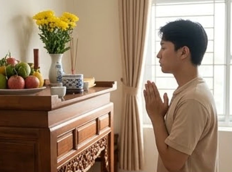 Người trẻ chắp tay thành kính khấn vái trước bàn thờ ông bà để cầu bình an trước chuyến đi công tác xa