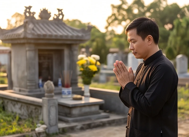 Người đàn ông đang đứng chắp tay thành kính đọc bài văn khấn tạ mộ cuối năm trước bia mộ gia tiên