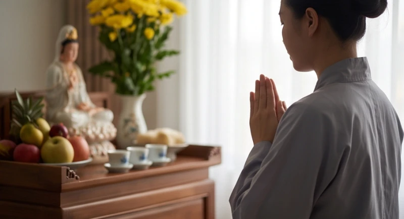 Một người đang mặc áo tràng lam, chắp tay thành kính quỳ lạy trước ban thờ Phật trong không gian tĩnh lặng