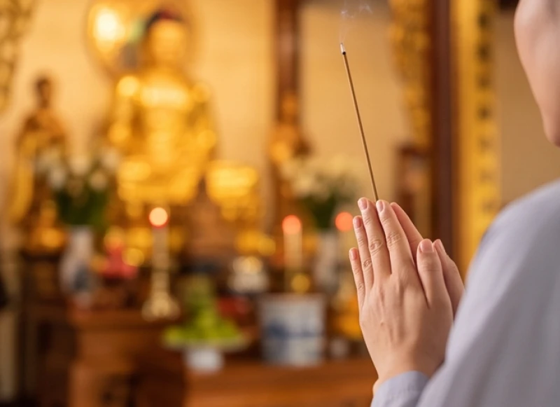 Người hành lễ chắp tay trang nghiêm trước bệ thờ Phật để nhẩm đọc bài văn khấn đi chùa