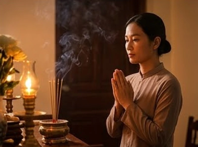 Gia chủ chắp tay nghiêm trang hướng lên ban thờ để đọc lời khấn sám hối rút gọn khi lỡ phát hiện sai sót