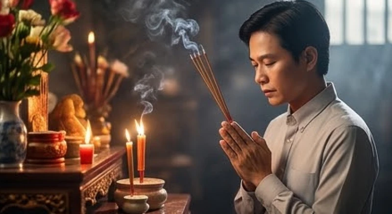 Gia chủ chắp tay thành kính thắp nhang và đọc bài khấn hướng về Bách nghệ Tiên sư tại cửa hàng
