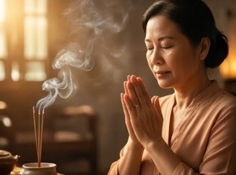 Người phụ nữ chắp tay thành tâm cầu nguyện bình an trước hương án tĩnh lặng và trang nghiêm
