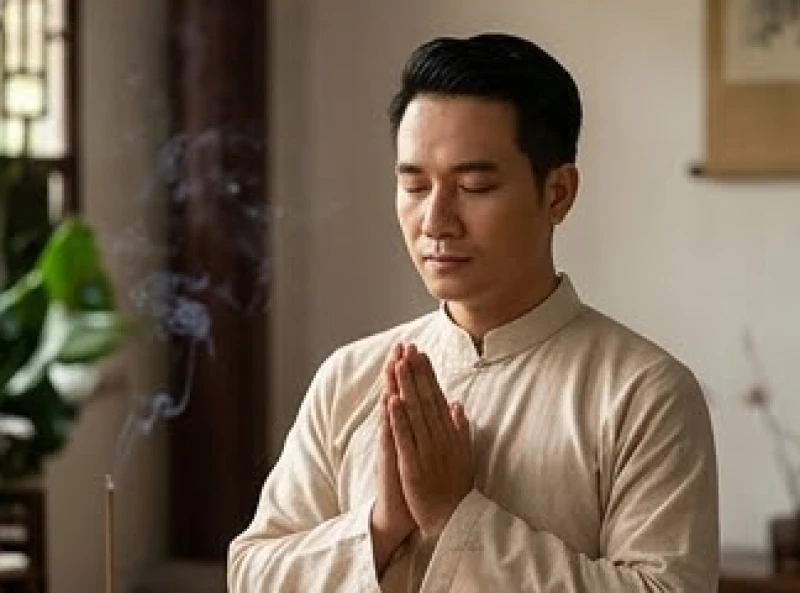 Tuổi Dần năm 2027 có phạm Thái Tuế không: trình tự cúng giải hạn 10 Người đàn ông chắp tay tĩnh tâm nhắm mắt cầu nguyện trước không gian thanh tịnh để thiết lập hàng rào bảo vệ tâm lý
