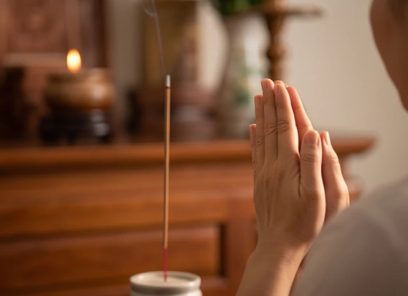 Đôi bàn tay chắp lại thành kính trước ngực khi đứng lạy trước mâm lễ vật dâng lên bàn thờ gia tiên