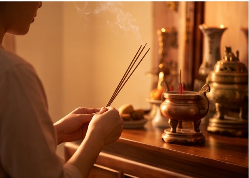Tàn nhang cong là điềm gì: Điềm báo tâm linh và cách nhận biết 4 Người phụ nữ chắp tay thành kính thắp nhang trên bàn thờ, gửi gắm tâm nguyện bình an đến các bậc bề trên