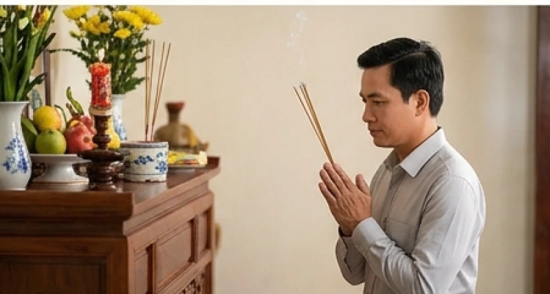 Văn khấn hóa vàng gia tiên: Trình tự tiễn ông bà đúng nghi thức 4 Gia chủ ăn mặc chỉnh tề chắp tay khấn vái trước bàn thờ gia tiên