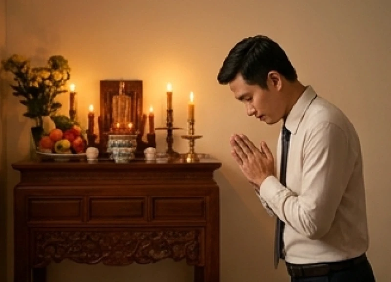 Văn khấn gia tiên Tết Trung Thu chuẩn và cách bày mâm lễ 6 Người đàn ông mặc trang phục lịch sự chắp tay ngang ngực thành kính vái lạy trước bàn thờ gia tiên
