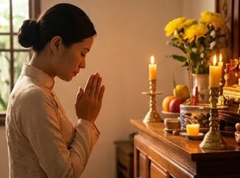 Văn khấn Nôm tại nhà: Trình tự bài bản và giải nghĩa từ vựng 4 Người đàn ông mặc trang phục lịch sự chắp tay cúi đầu vái lạy thành kính trước bàn thờ gia tiên