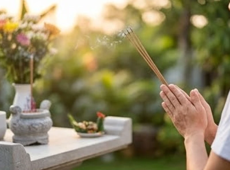 Tín chủ đứng trang nghiêm chắp tay vái lạy và niệm Phật trước án thờ thiên để bắt đầu bài khấn