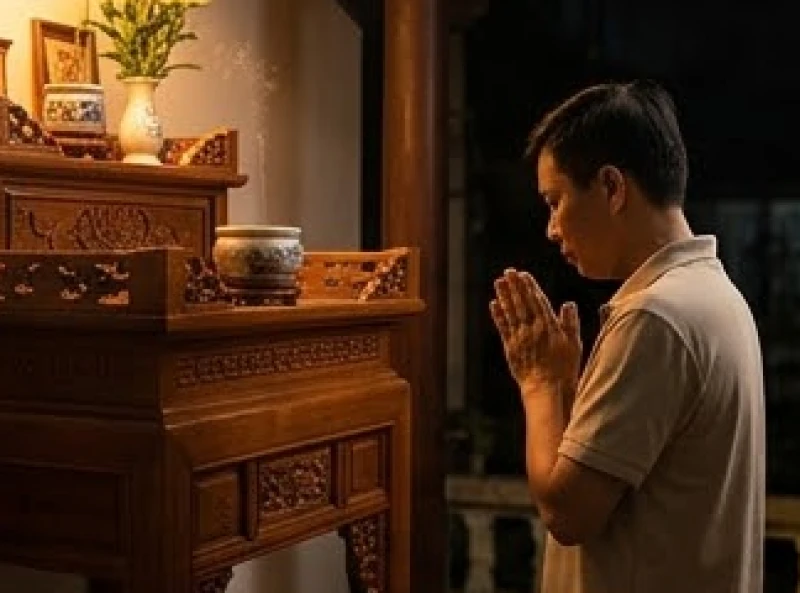 Gia chủ đứng nghiêm trang chắp tay vái lạy xin tạ lỗi ngay tại khu vực thờ tự sau khi sự cố xảy ra