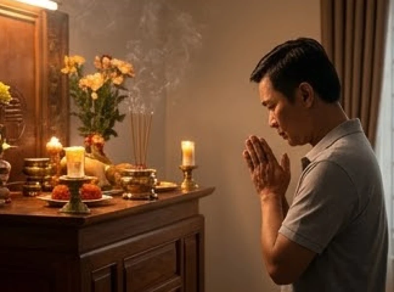 Người đàn ông chắp tay vái tạ trước bàn thờ sáng đèn xin phép thần linh