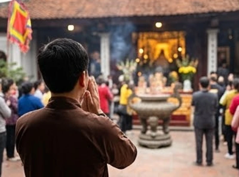 Người đi lễ thành kính đứng chắp tay vái vọng từ xa trong không gian sân đền đông đúc mùa hội